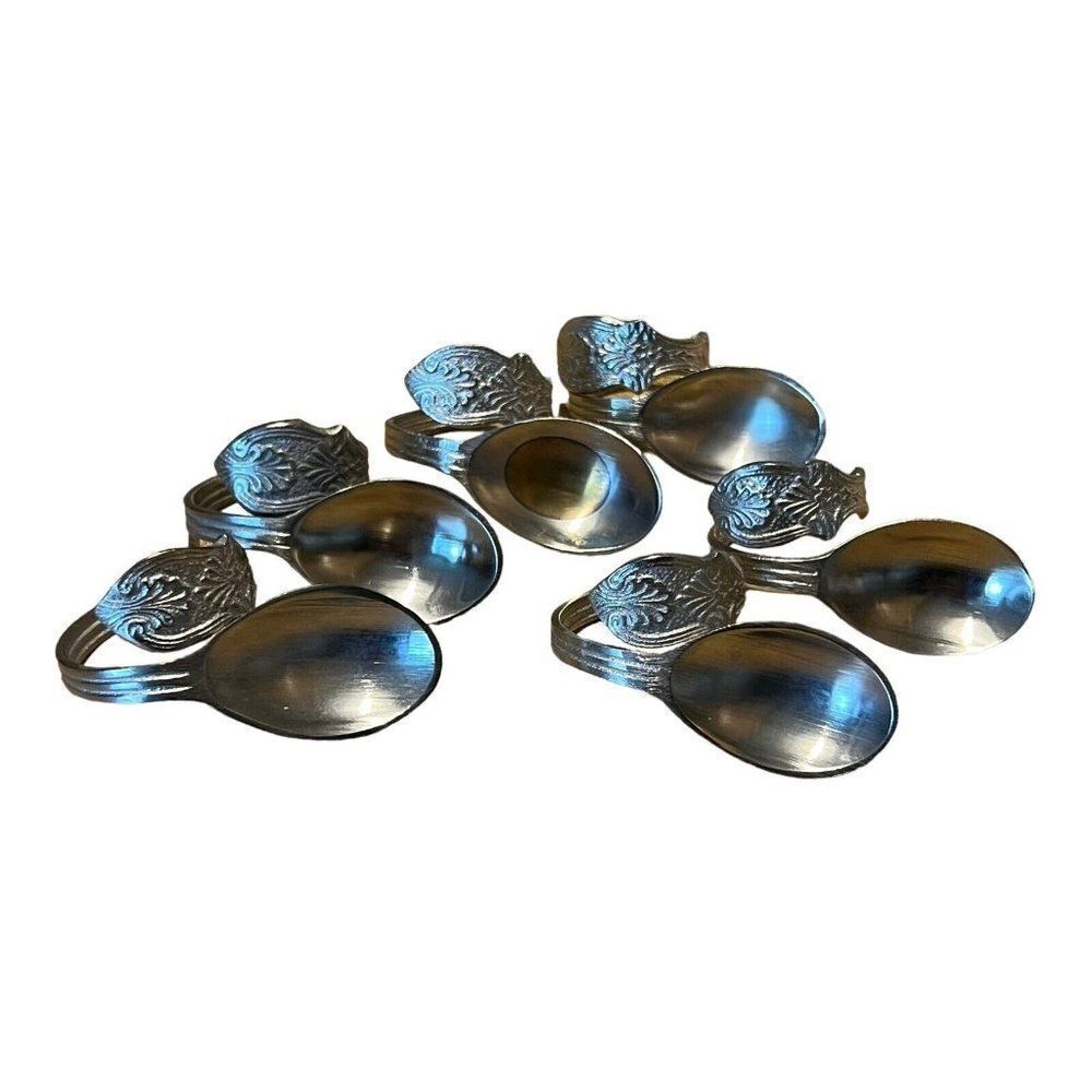 Bent Silver Tone Spoon Napkin Rings Set of 6 Metal Lot Victorian Tea Party